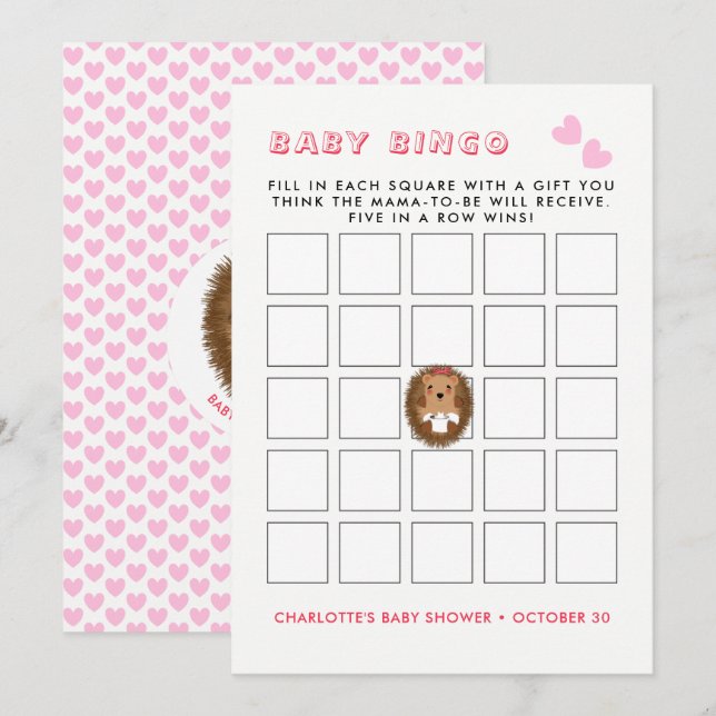 Cute Woodland Hedgehog Baby Girl Shower Bingo Game Invitation (Front/Back)