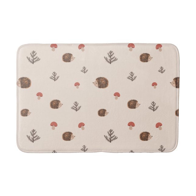 Cute Woodland Hedgehog & Mushroom Pattern Bath Mat (Front)