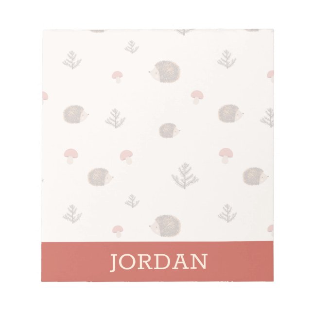 Cute Woodland Hedgehog & Mushroom Pattern Notepad (Front)