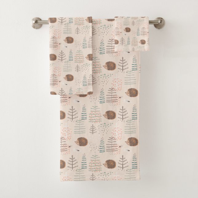 Cute Woodland Hedgehog Pattern Bath Towel Set (Insitu)