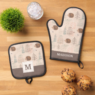 Cute Woodland Hedgehog Pattern Oven Mitt & Pot Holder Set