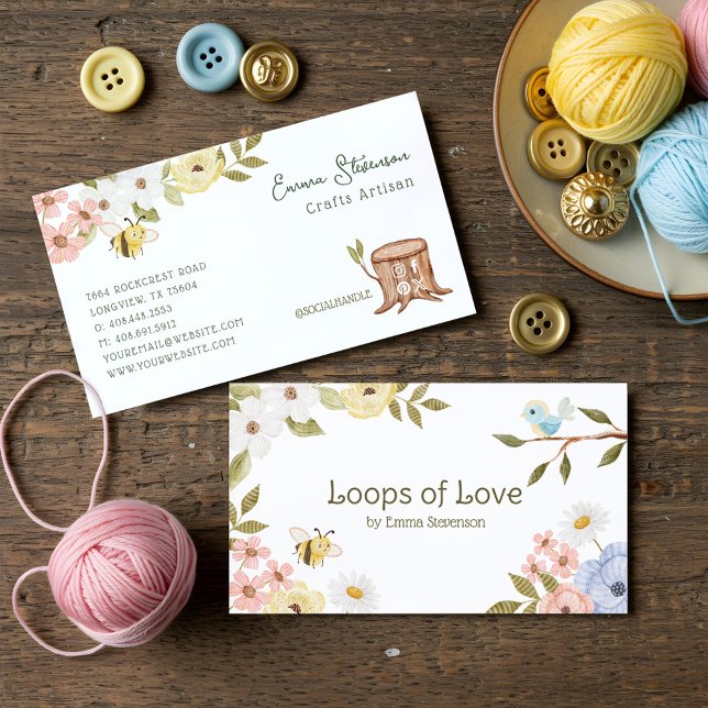 Cute Woodland Knitted Bee & Bird Floral Crafters Business Card (Cute Woodland Knitted Bee & Bird Floral Crafters Business Card)