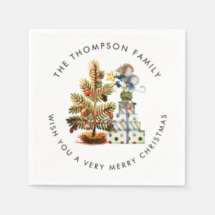 Cute Woodland Mice Merry Christmas Tree Name Napkin