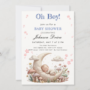 Cute Woodland Moon Baby Boy Shower Invitation