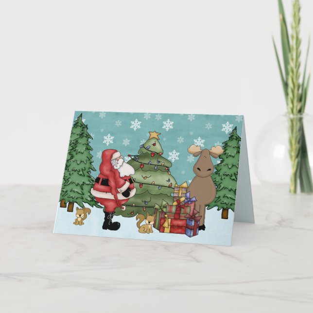 Cute Woodland Moose and Santa Christmas Card (Front)