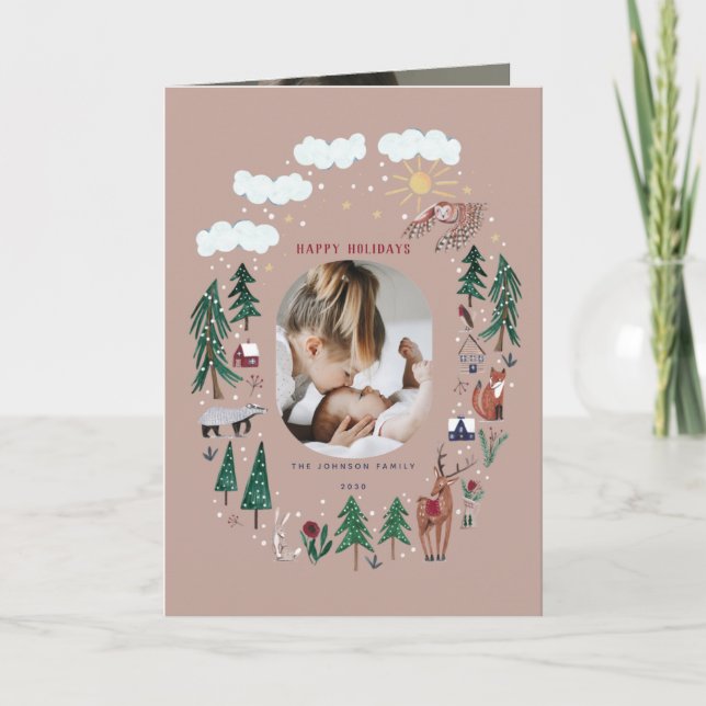 Cute woodland nordic animals snow Christmas Holida Holiday Card (Front)