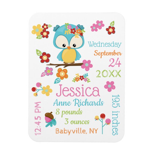 Cute Woodland Owl Baby Girl Birth Record Stats Magnet (Vertical)