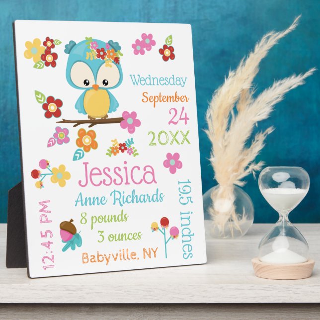 Cute Woodland Owl Baby Girl Birth Record Stats Plaque (Side)