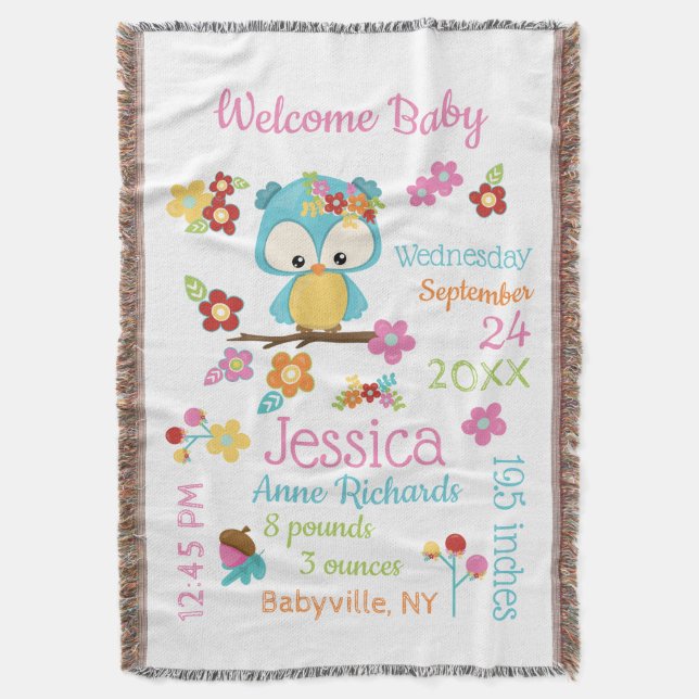 Cute Woodland Owl Baby Girl Birth Record Stats Throw Blanket (Front Vertical)