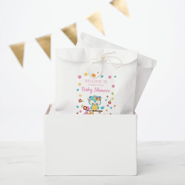 Cute Woodland Owl & Flowers Baby Girl Baby Shower Favour Bags (Party)