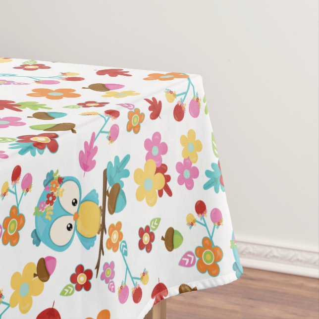 Cute Woodland Owl & Flowers Baby Girl Baby Shower Tablecloth (In Situ)