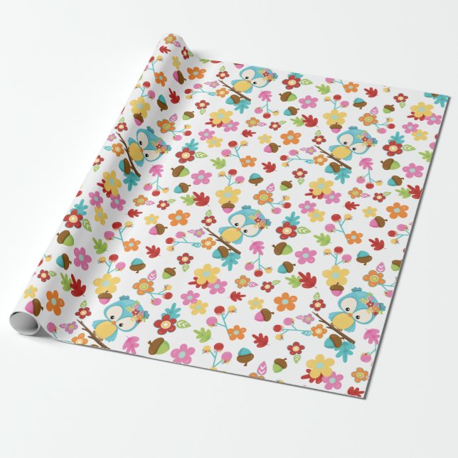 Cute Woodland Owl & Flowers Baby Girl Baby Shower Wrapping Paper (Unrolled)