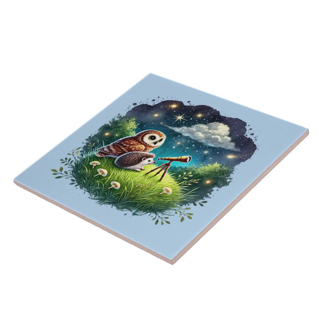 Cute woodland owl hedgehog  tile (Side)