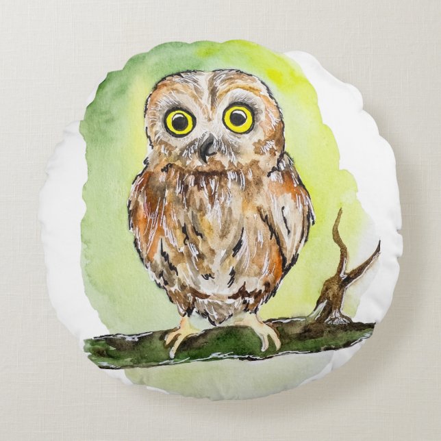 Cute woodland owl watercolor painting round cushion (Front)