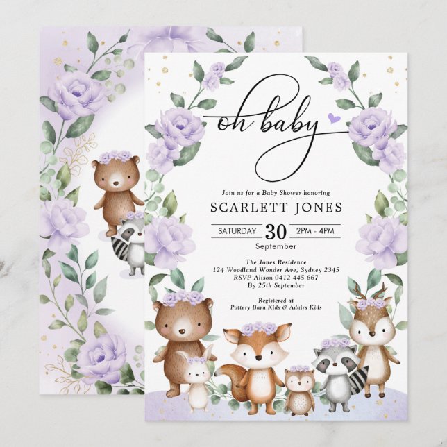 Cute Woodland Purple Floral Greenery Baby Shower Invitation (Front/Back)