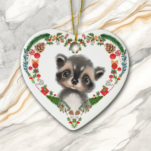 Cute Woodland Raccoon Heart Holiday Wreath Ceramic Tree Decoration