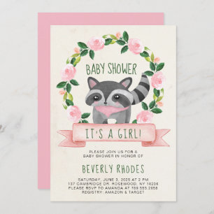Cute Woodland Racoon Baby Shower It's a Girl Invitation