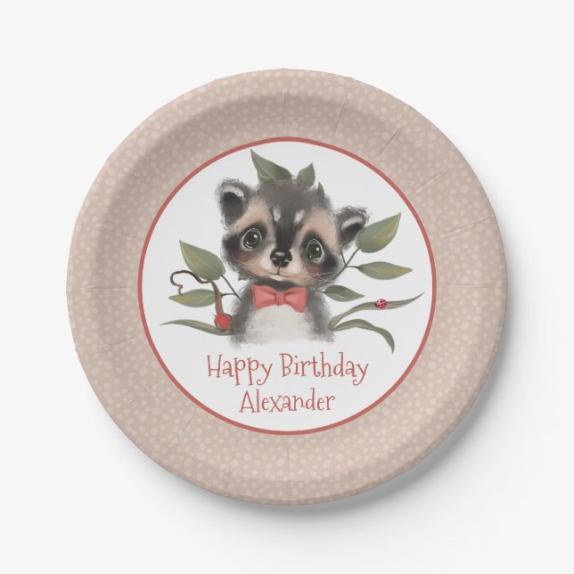 Cute Woodland Racoon Boy's Birthday Party Paper Plate (Front)