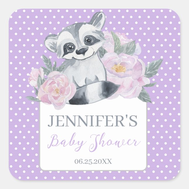 Cute Woodland Racoon Purple Polkadot Baby Shower  Square Sticker (Front)