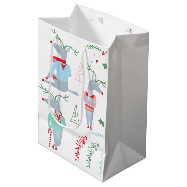 Cute Woodland Reindeer Animal Christmas Medium Gift Bag (Front Angled)