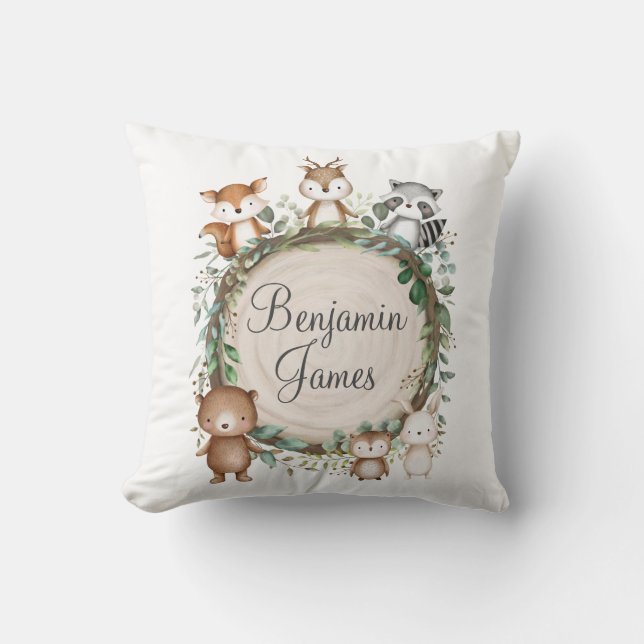 Cute Woodland Rustic Greenery Animals Birth Stats Cushion (Front)