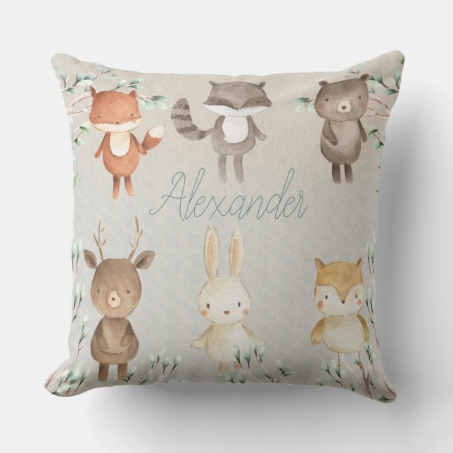 Cute Woodland Scene Watercolor Forest Animals Cushion (Front)