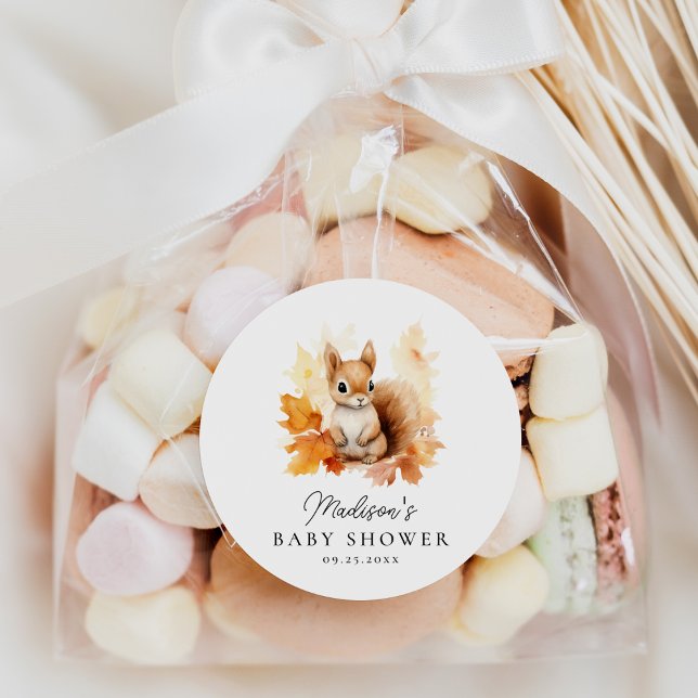 Cute Woodland Squirrel Fall Baby Shower Classic Round Sticker (Creator Uploaded)