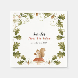 Cute Woodland Squirrel Mushroom Oak Birthday Napkin