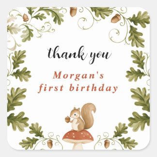 Cute Woodland Squirrel Mushroom Oak Thank You Square Sticker