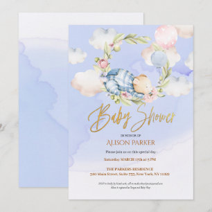 Cute Woodland Teddy Bear Boy Baby Shower Invitation