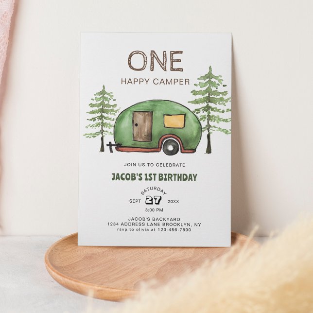 Cute Woodland Truck Happy Camper Kids Birthday Invitation (Creator Uploaded)