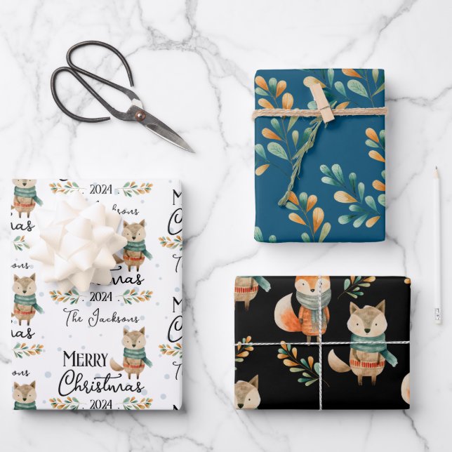 Cute Woodland Watercolor Christmas  Wrapping Paper Sheet (Front)