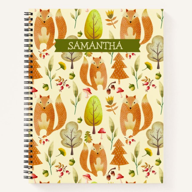 Cute Woodland Watercolor Fox Pattern Fall Foliage  Notebook (Front)