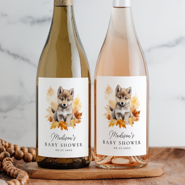 Cute Woodland Wolf Fall Baby Shower Wine Label (Creator Uploaded)
