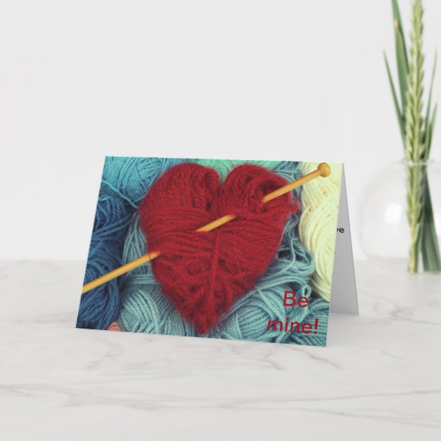 Cute wool heart with knitting needle greeting card (Front)