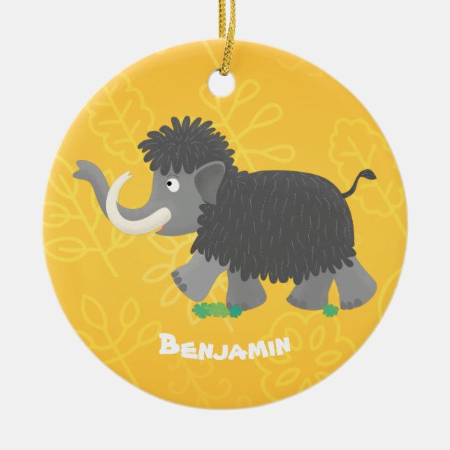 Cute woolly mammoth cartoon illustration ceramic tree decoration (Front)