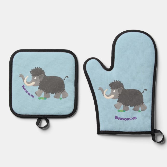 Cute woolly mammoth cartoon illustration oven mitt & pot holder set (Front)