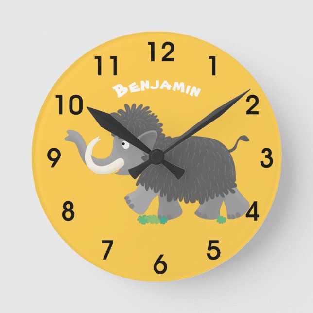 Cute woolly mammoth cartoon illustration round clock (Front)