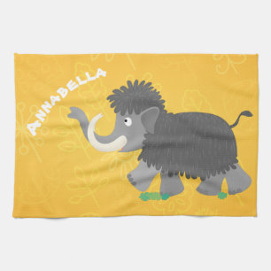 Cute woolly mammoth cartoon illustration tea towel