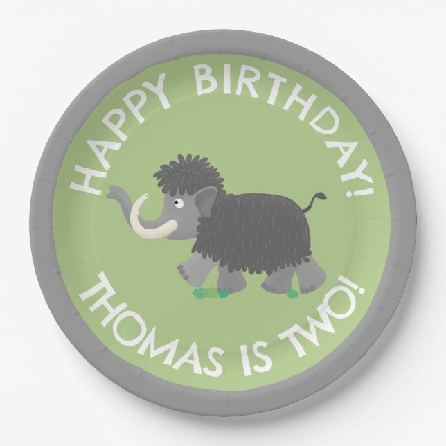 Cute woolly mammoth personalised cartoon birthday paper plate (Front)