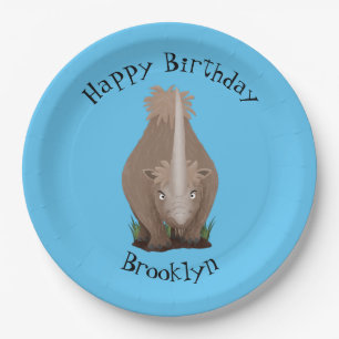 Cute woolly rhino elasmotherium cartoon paper plate