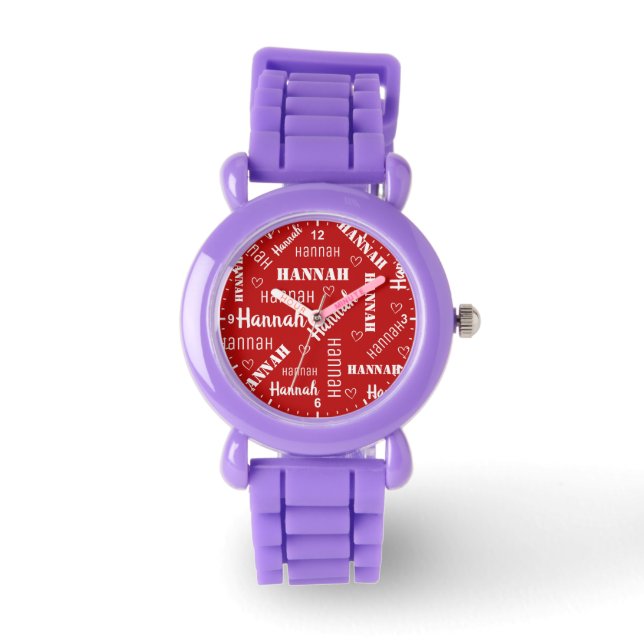 Cute Word Art and Hearts Personalised Name Girls Watch (Front)
