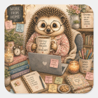 Cute Work From Home Hedgehog Watercolor Square Sticker