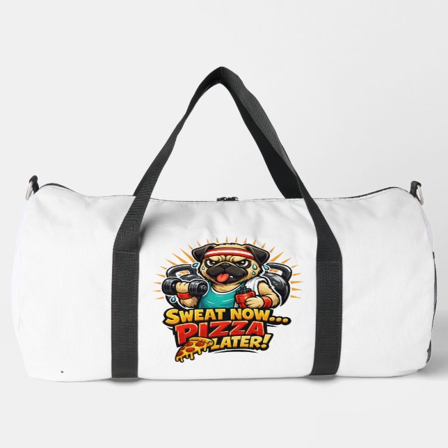 Cute Workout Dog T-Shirt for Fitness & Pizza Lover Duffle Bag (Front)