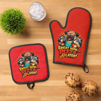 Cute Workout Dog T-Shirt for Fitness & Pizza Lover Oven Mitt & Pot Holder Set
