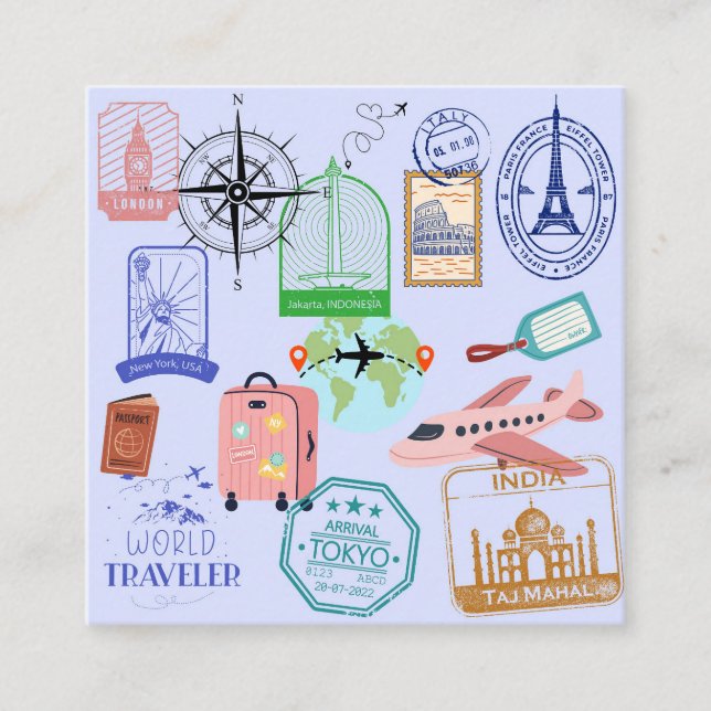  Cute World Traveller Collage Square Business Card (Front)