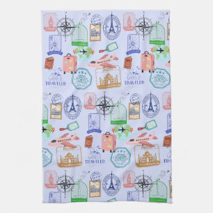 Cute World Traveller Collage Tea Towel