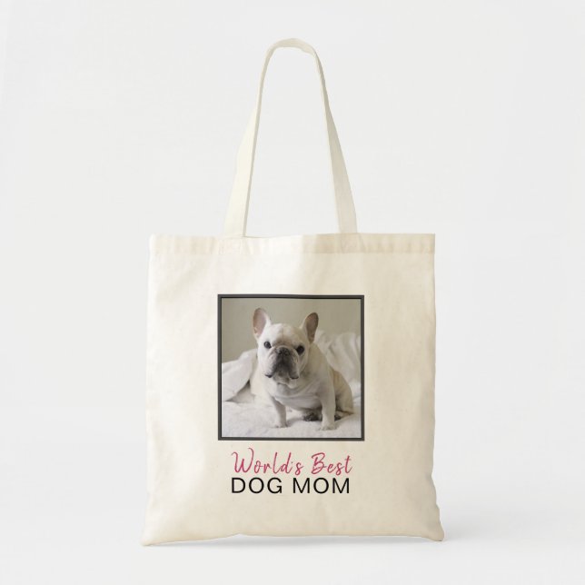 Cute World's Best Dog Mum Pink Grey Square Photo Tote Bag (Front)