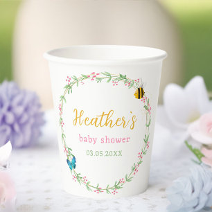Cute Wreath, Bee & Butterfly Baby Shower Paper Cups