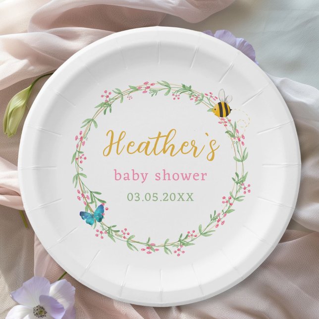 Cute Wreath, Bee & Butterfly Baby Shower Paper Plate (Cute Wreath, Bee & Butterfly Baby Shower Paper Plates for Baby Girl & Baby Boy.)